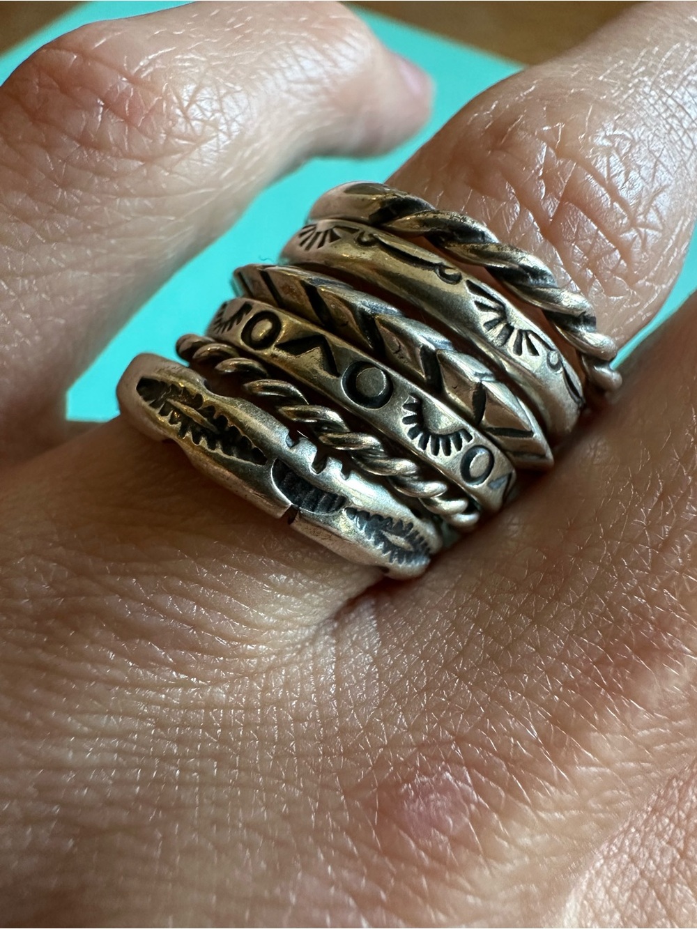 Vintage 6 Stackable Native American Design Sterling Rings - Picture 2 of 11